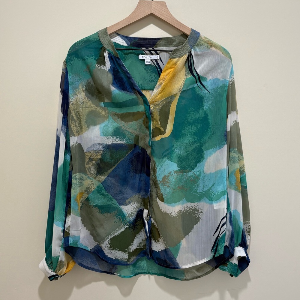 Chicos Sheer Button Front Blouse